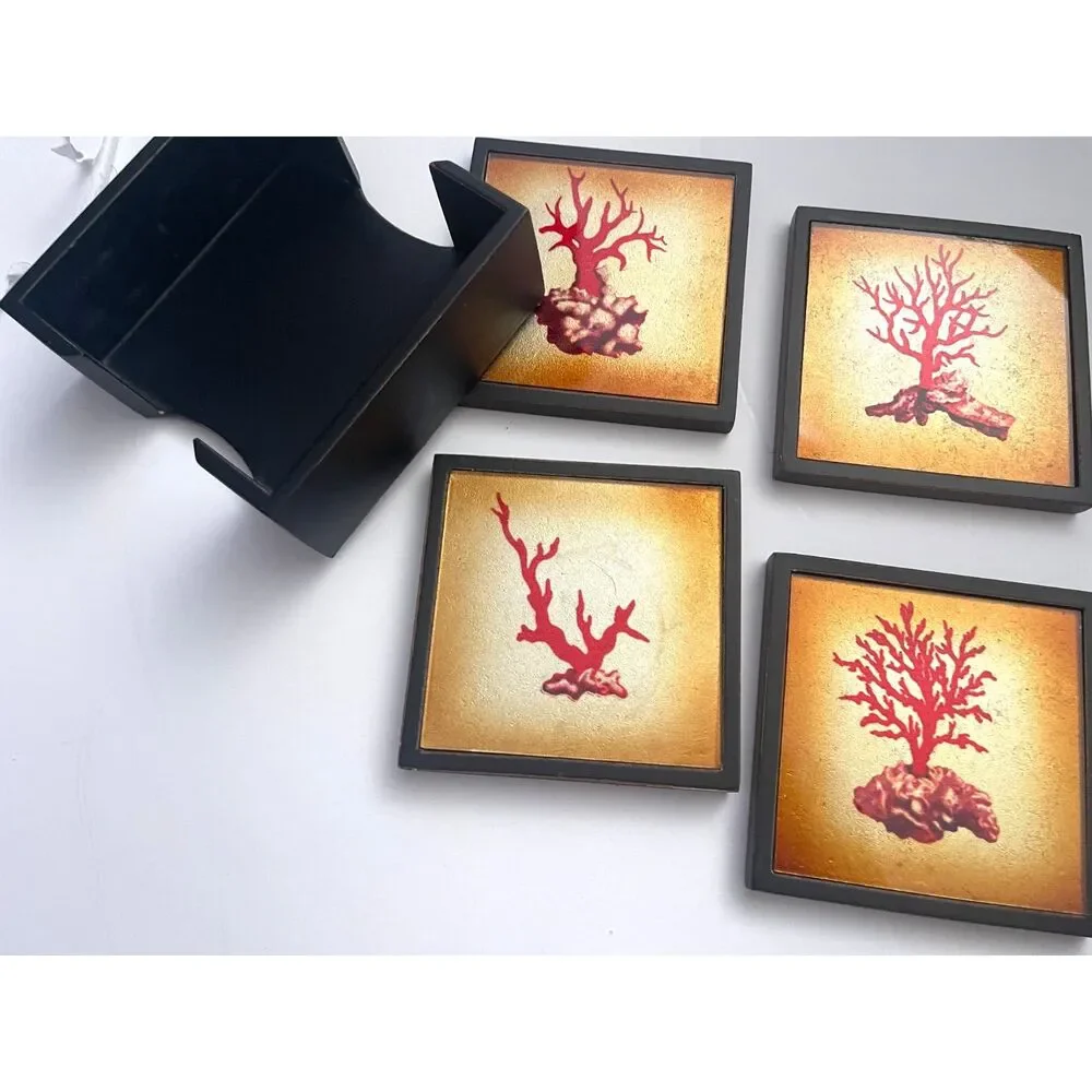 Red Coral Art Marble Drink Coasters With Matching Wooden Holder Set Of 4 Vintage
